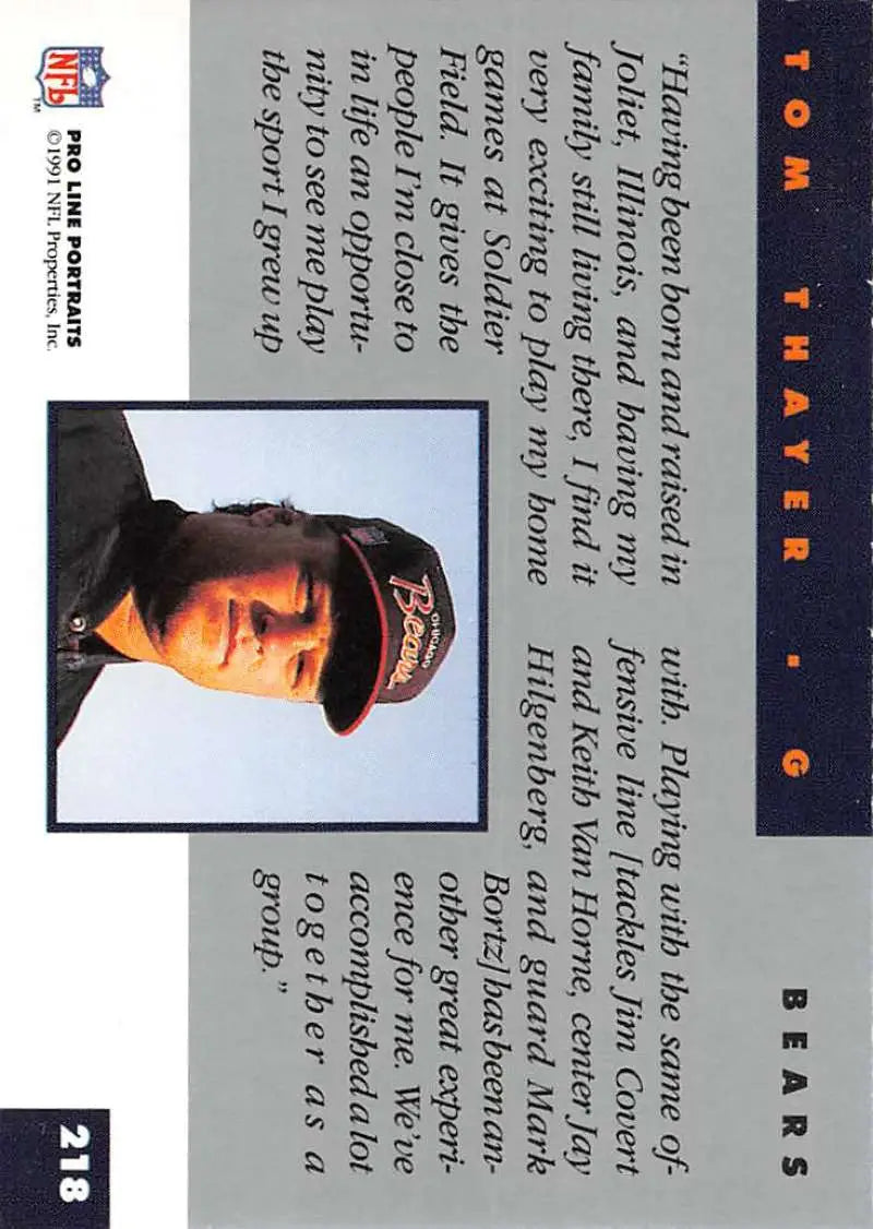 Baseball card of Tom Thayer in a black cap, featuring Chicago Bears Football Card design