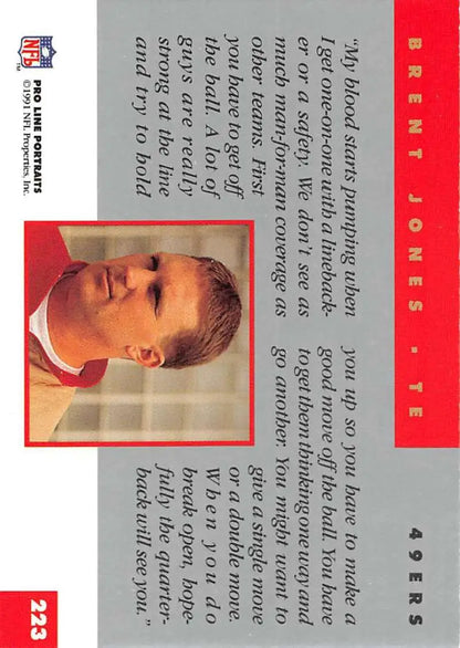 Trading card featuring Brent Jones in red and gray design for San Francisco 49ers