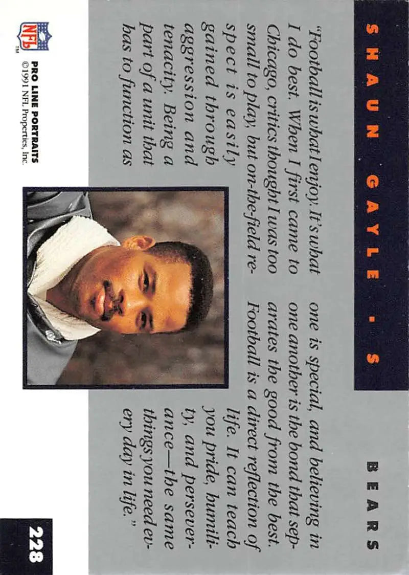 NFL trading card of Shaun Gayle from the Chicago Bears, 1991 Pro Line Portraits