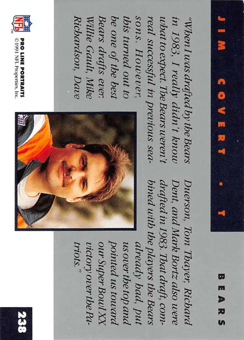 Trading card featuring Jim Covert in black jersey for Chicago Bears Pro Line Portraits