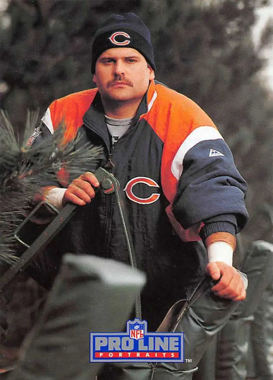 Person in Chicago Bears winter apparel featuring Jim Covert Pro Line Portraits card