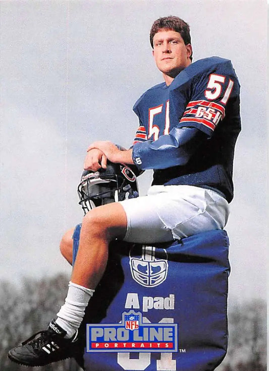 NFL player in blue New York Giants jersey #51 beside Jim Morrissey Chicago Bears football card