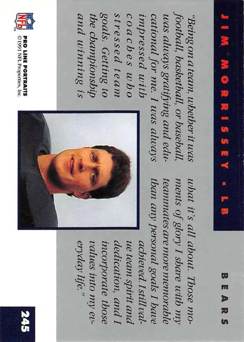 1991 Pro Line Portraits Jim Morrissey Chicago Bears Football Card with dark blue borders