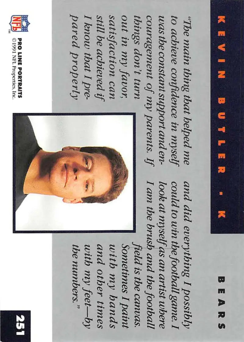 NFL trading card of Kevin Butler, Pro Line Portraits featuring Chicago Bears design