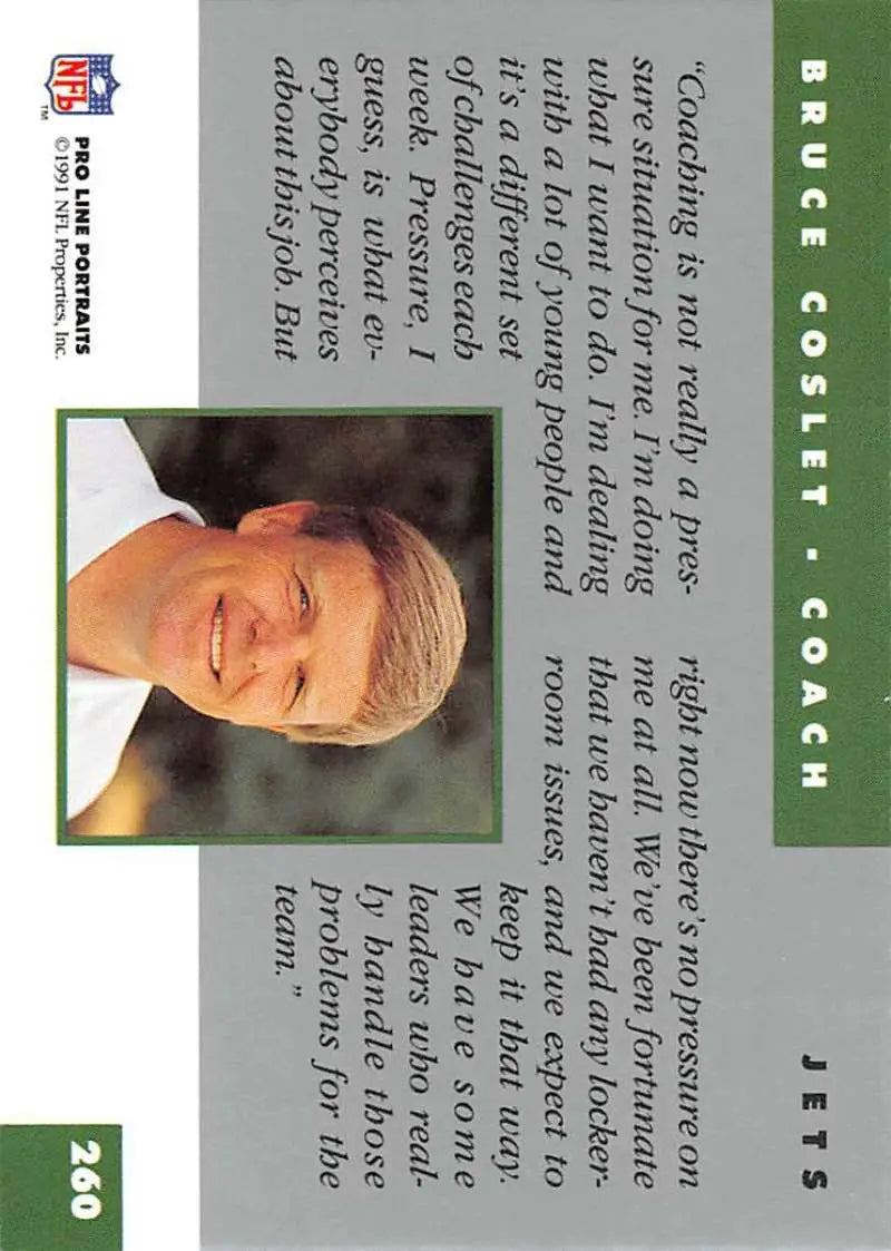Football card featuring Bruce Coslet with a green border for New York Jets fans