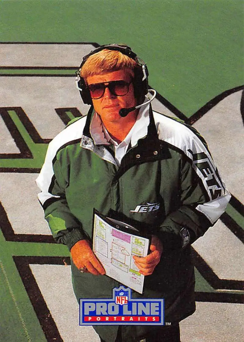 Bruce Coslet in sunglasses and Jets jacket holding a playbook for NFL Football Card