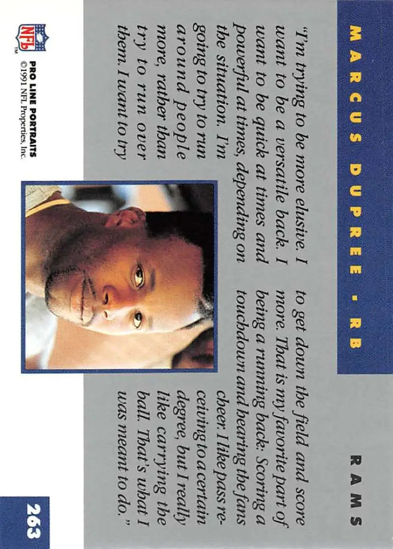 Close-up of Marcus Dupree on 1991 Pro Line Portraits Los Angeles Rams Football Card