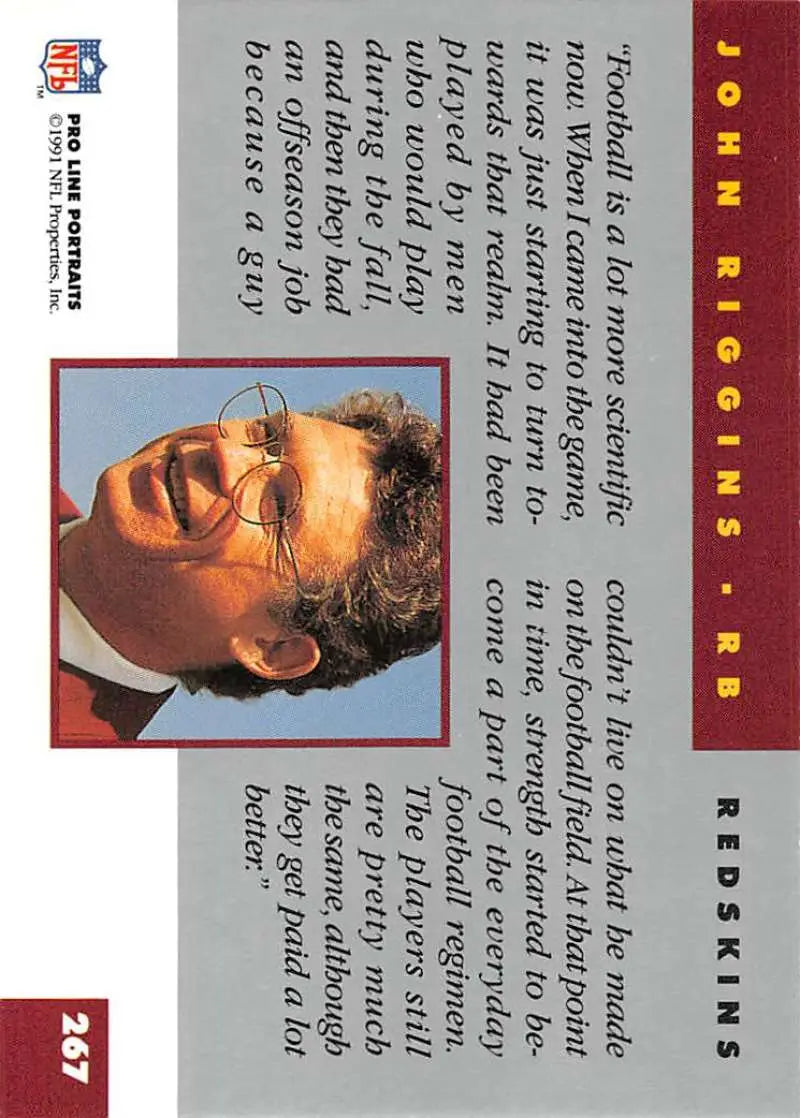 Close-up of 1991 Pro Line Portraits #267 John Riggins football card with burgundy border