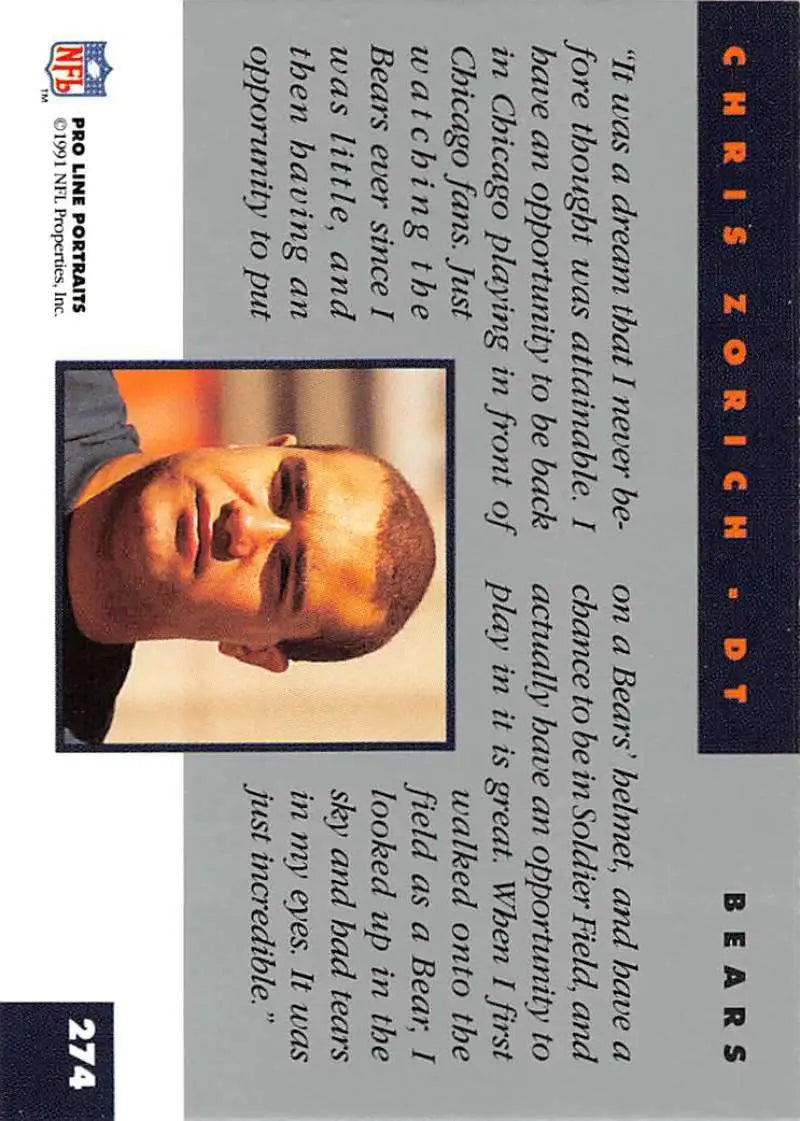 Trading card featuring Chris Zorich portrait on a navy blue border, Chicago Bears football card