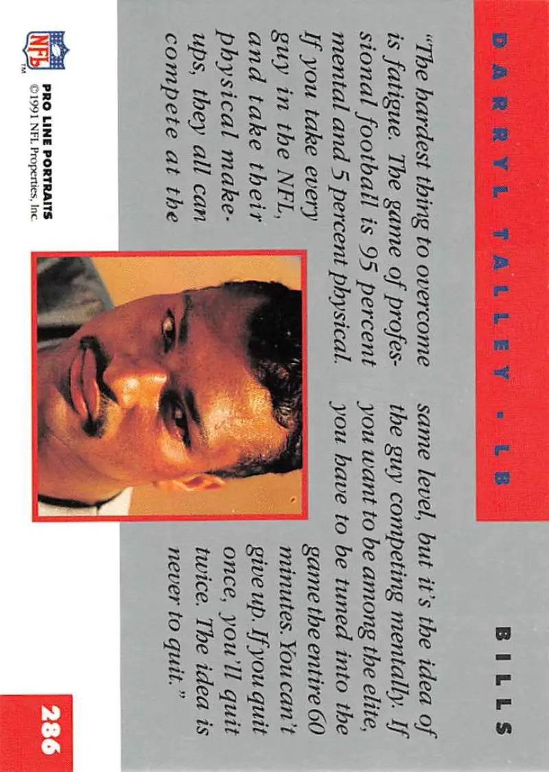 Darryl Talley 1991 Pro Line Portraits Buffalo Bills Football Card with red borders