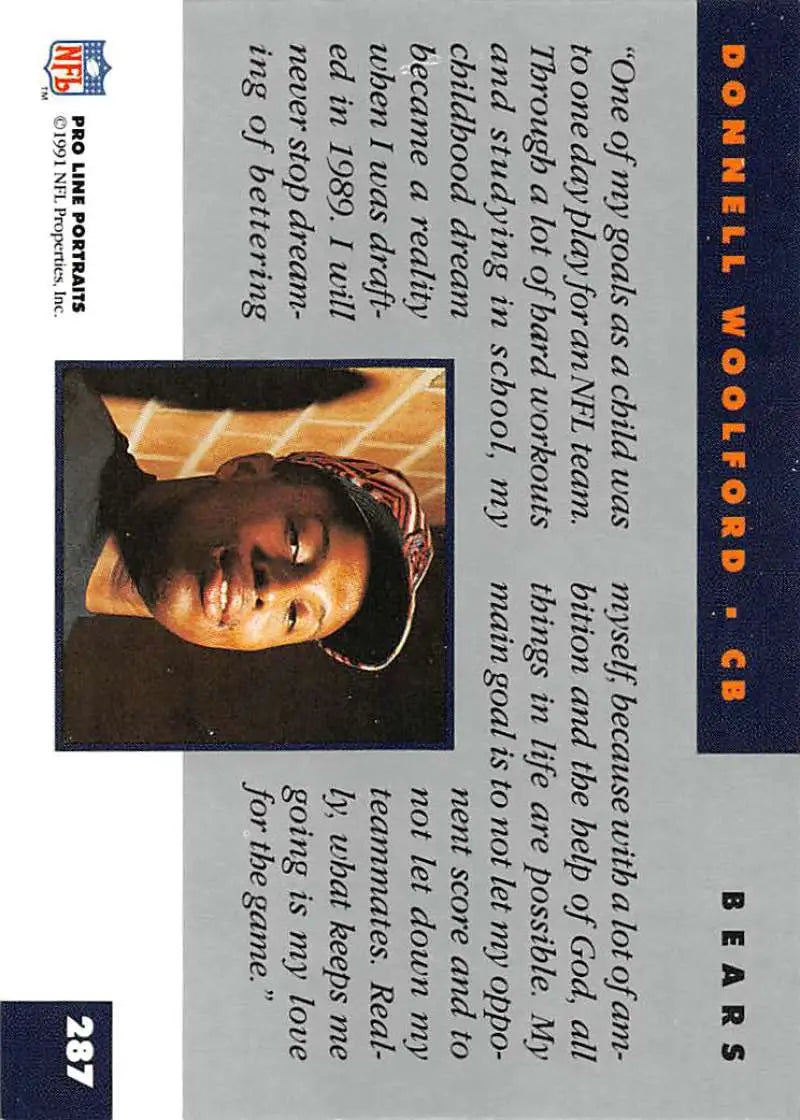 NFL trading card of Donnell Woolford in dark uniform for Chicago Bears Pro Line Portraits