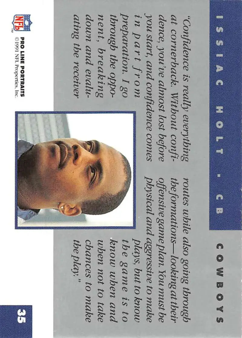 1991 Pro Line Portraits Issiac Holt Football Card featuring a blue border, Dallas Cowboys design