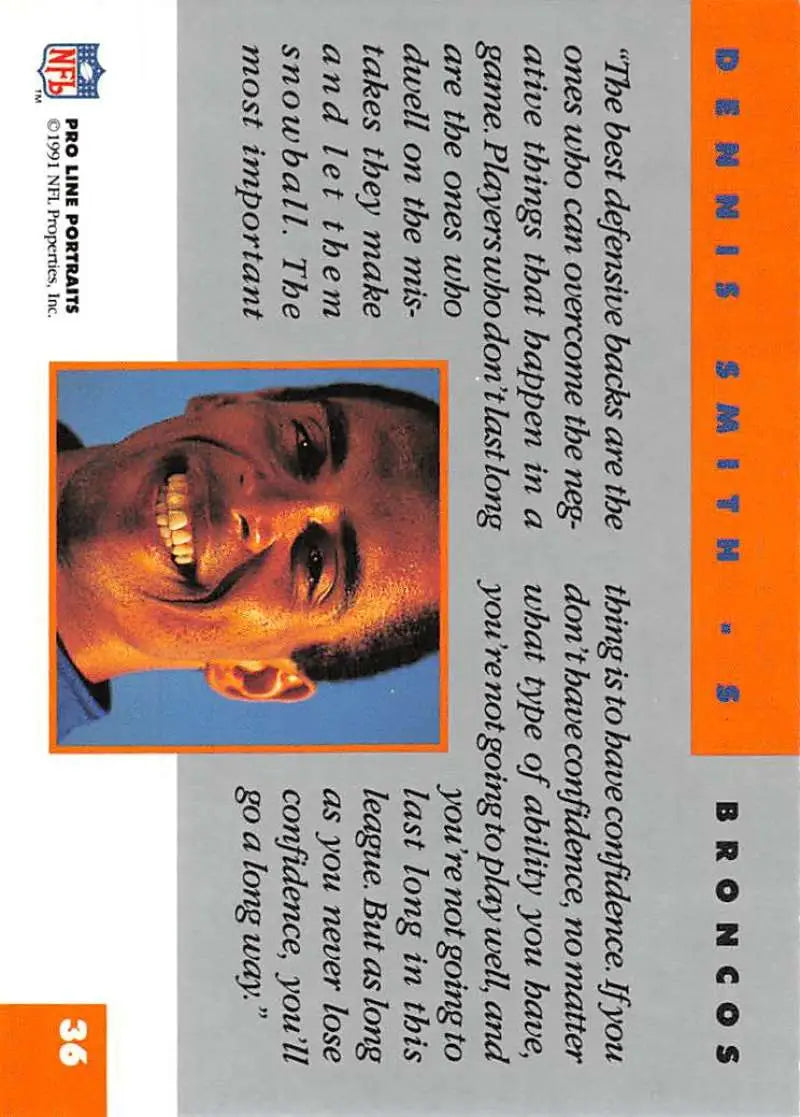 Orange and blue trading card featuring Dennis Smith from Pro Line Portraits, Denver Broncos