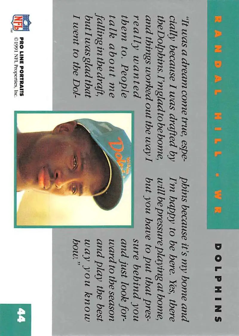 Randal Hill in teal uniform on 1991 Pro Line Portraits Miami Dolphins card