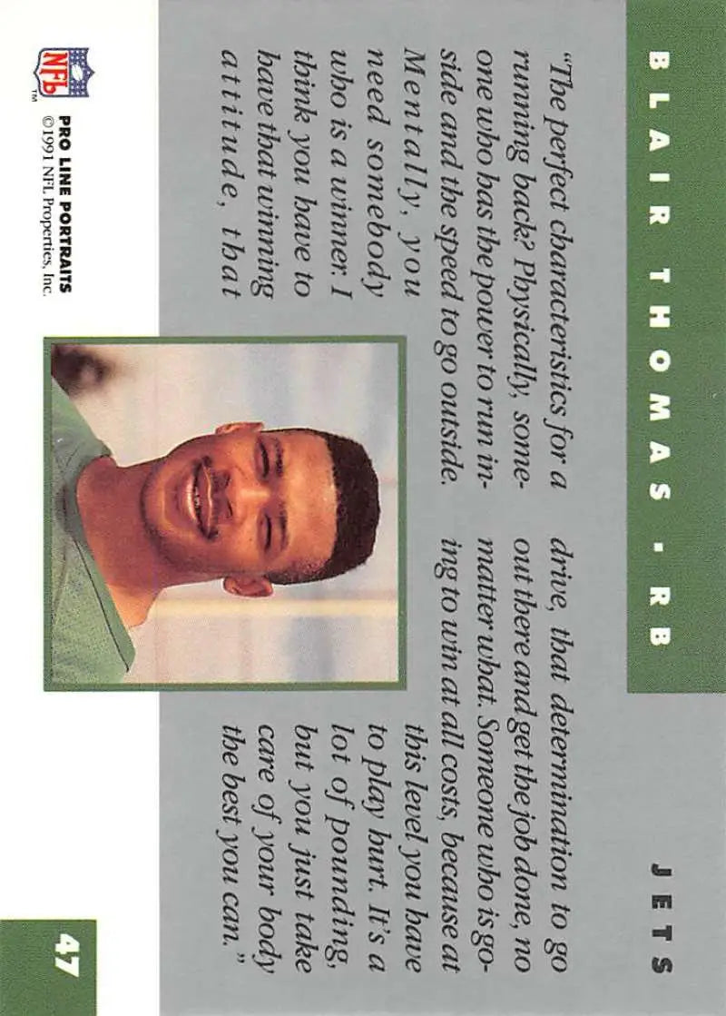 Blair Thomas 1991 Pro Line Portraits New York Jets Football Card with green border