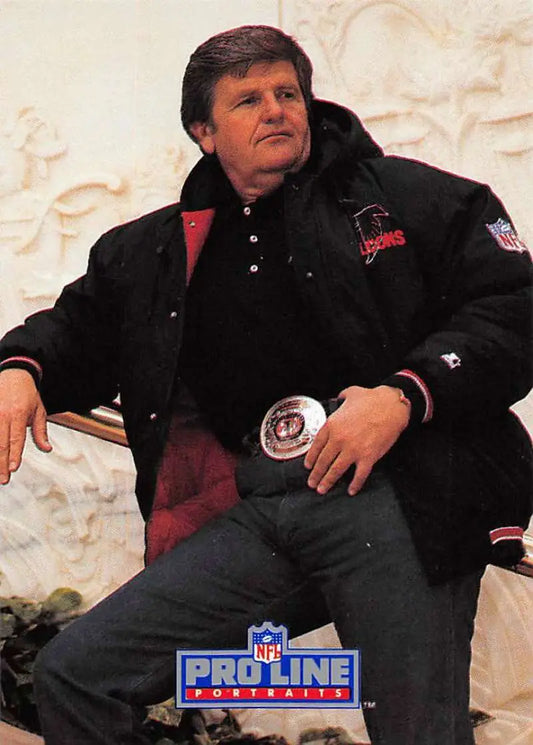 Person in black NFL Pro Line jacket promoting Jerry Glanville Pro Line Portraits card