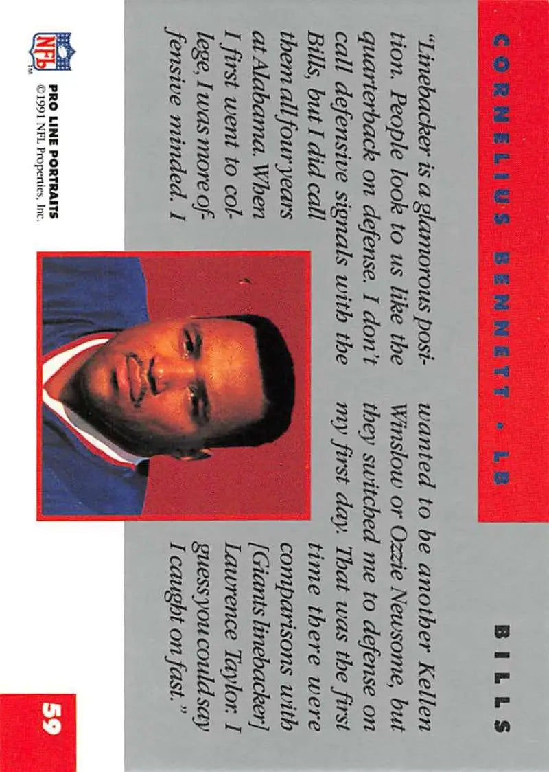 Cornelius Bennett 1991 Pro Line Portraits Buffalo Bills card with red and white design