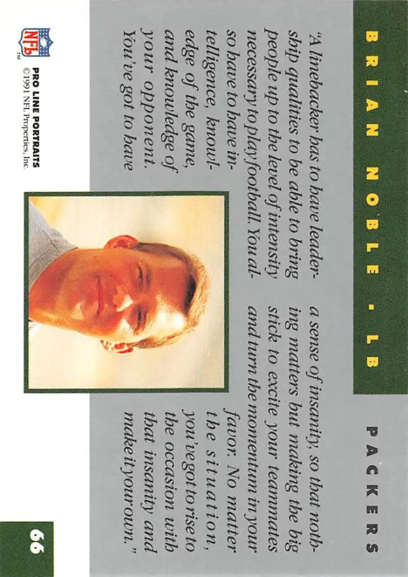 Vintage 1991 Pro Line Portraits Brian Noble trading card with green border for Green Bay Packers