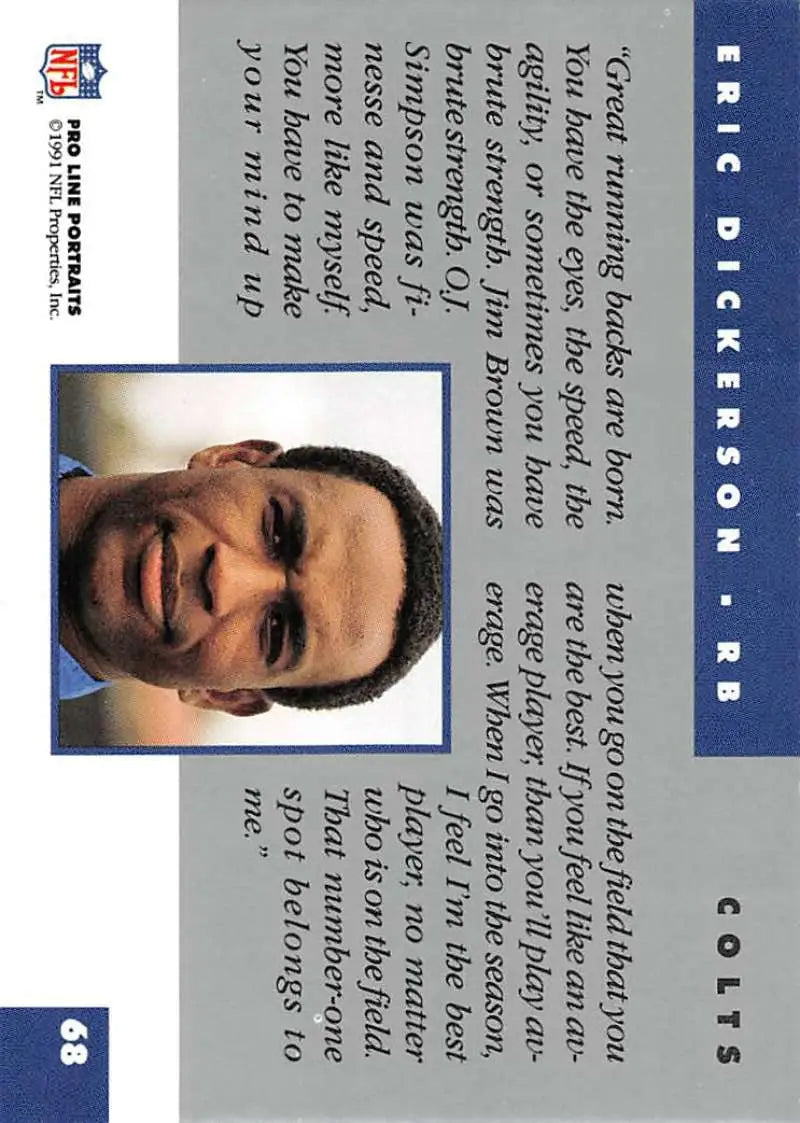 NFL player identification card featuring Eric Dickerson on a blue background