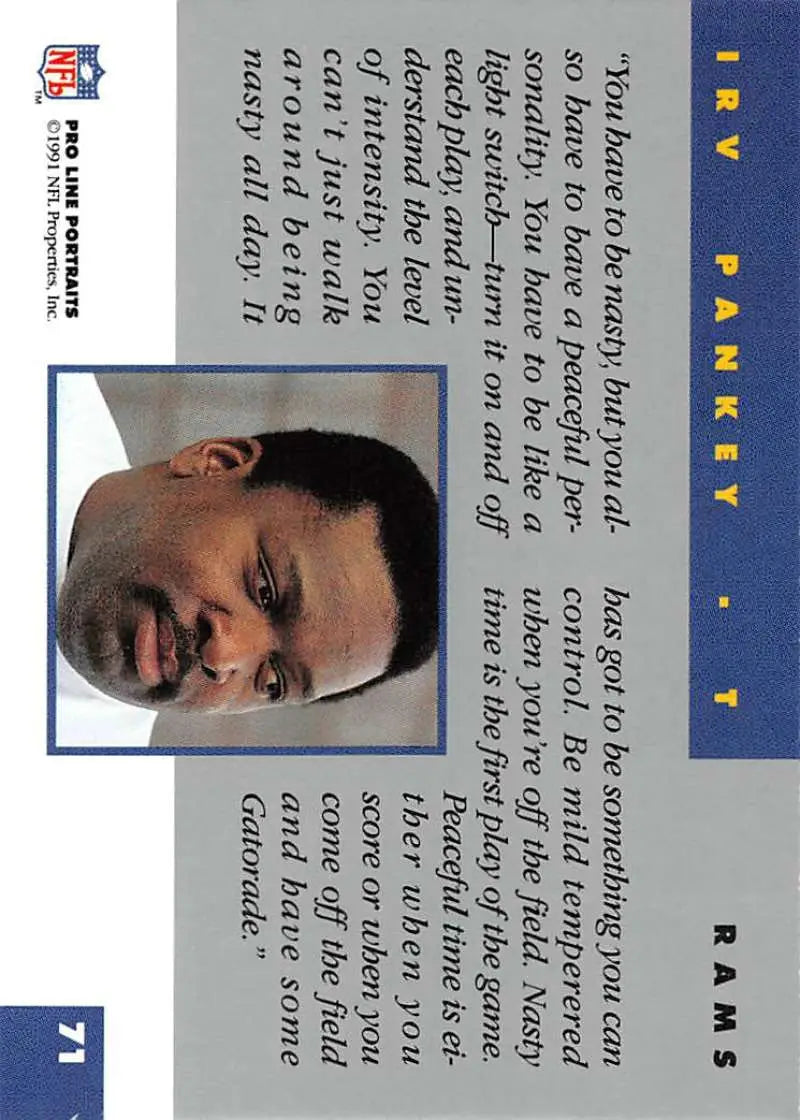 Trading card featuring Irv Pankey from the Los Angeles Rams with blue borders