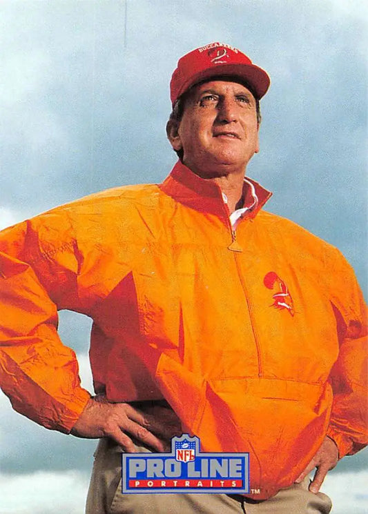 NFL Coach Richard Williamson in orange jacket and red cap on Tampa Bay Buccaneers football card