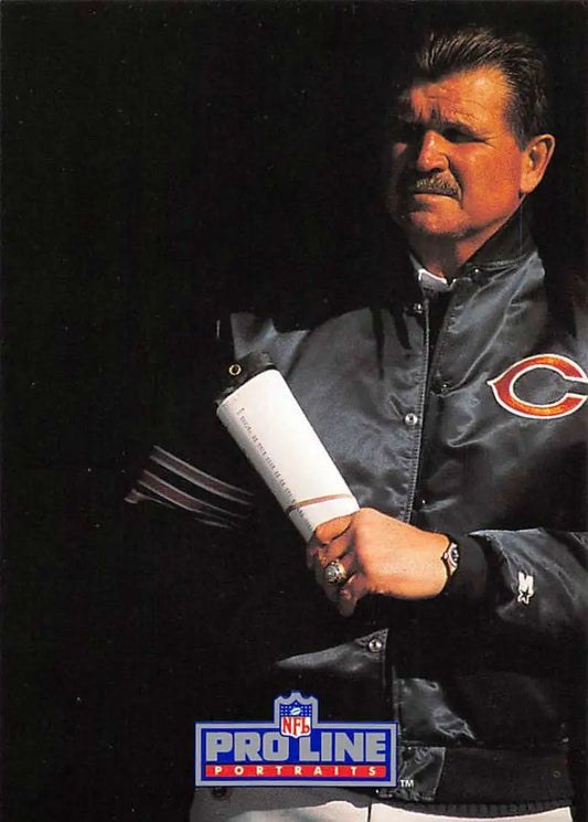 NFL Coach Mike Ditka in Chicago Bears jacket, holding papers, Pro Line Portraits card