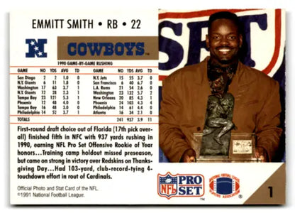 Emmitt Smith Pro Set 1991 football card in original gloss, NM condition