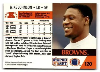 NFL Pro Set trading card of Mike Johnson, Cleveland Browns linebacker from 1991