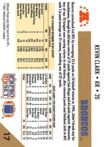 1991 Pro Set #17 Kevin Clark Rookie Card Near Mint RC original gloss Broncos