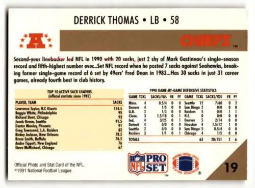 1991 Pro Set #19b Derrick Thomas Kansas City Chiefs football card with original gloss