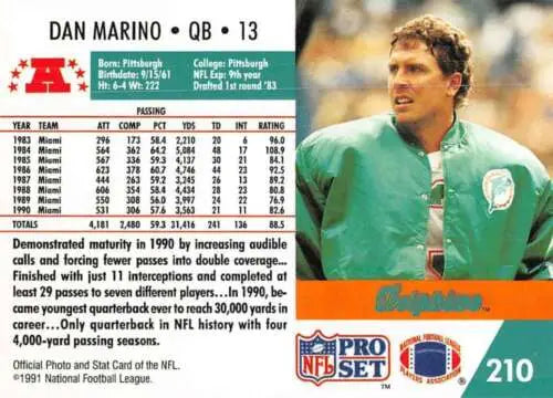 Dan Marino 1991 Pro Set #210 football card with original gloss in near mint condition