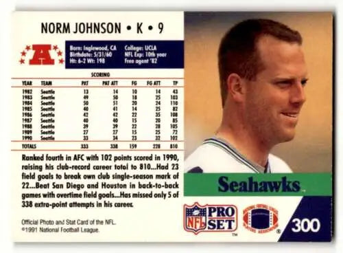 1991 Pro Set #300 Norm Johnson Seattle Seahawks Football Card with original gloss