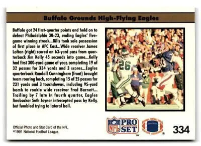 NFL Pro Set trading card of Buffalo Bills vs Philadelphia Eagles atop AFC East game details