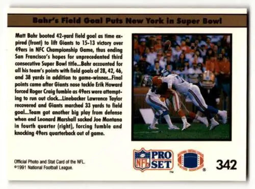 1991 Pro Set #342 Matt Bahr New York Giants Football Card with original gloss quality