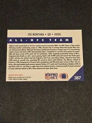 Joe Montana football card from 1991 Pro Set #387 San Francisco 49ers collectible