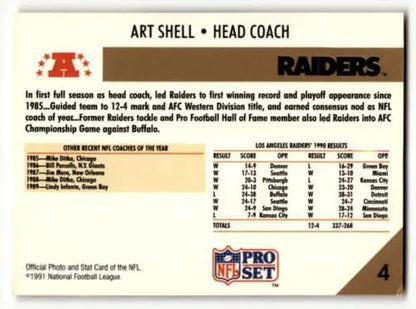 Art Shell Los Angeles Raiders football card with original gloss from 1991 Pro Set