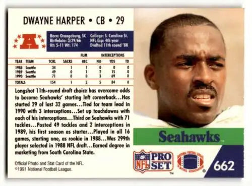 Dwayne Harper Seattle Seahawks football card from 1991 Pro Set with original gloss