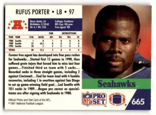 Rufus Porter Seattle Seahawks football card with original gloss from 1991 Pro Set