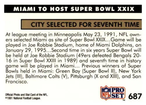 Super Bowl XXIX card back in 1991 Pro Set #687 Miami with original gloss, Simply Sandoval
