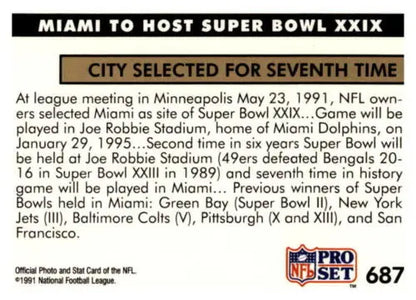Super Bowl XXIX card back in 1991 Pro Set #687 Miami with original gloss, Simply Sandoval