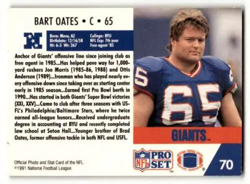 1991 Pro Set Bart Oates New York Giants football card with original gloss quality