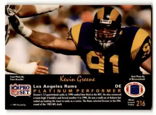 1991 Pro Set Platinum #216 Kevin Greene Los football card with original gloss finish