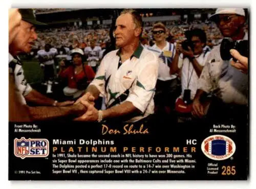 Don Shula Miami Dolphins football card from Pro Set Platinum with original gloss