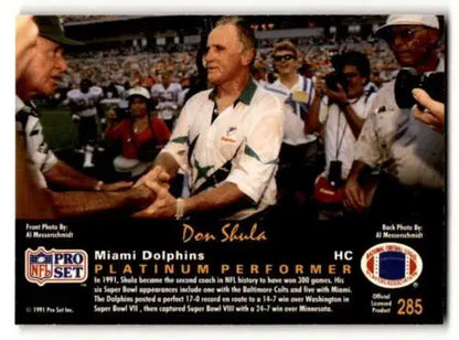Don Shula Miami Dolphins football card from Pro Set Platinum with original gloss