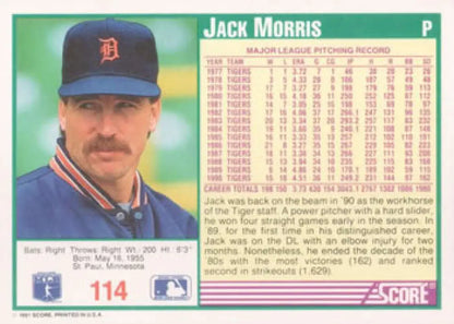 1991 Score Jack Morris baseball card featuring Detroit Tigers pitcher in blue cap