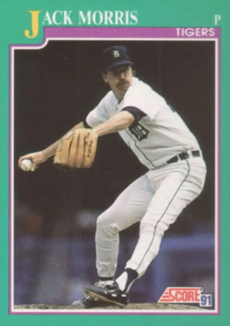 Baseball card of Jack Morris pitching for the Detroit Tigers in home uniform