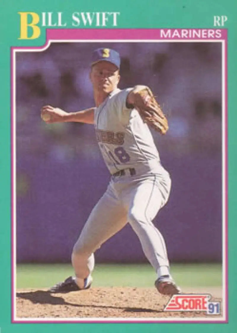 Baseball player pitching in Seattle Mariners uniform on 1991 Score baseball card