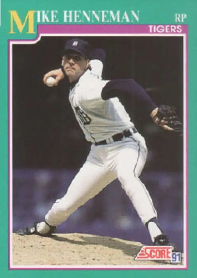 Baseball card of Mike Henneman in mid-throw for Detroit Tigers home uniform