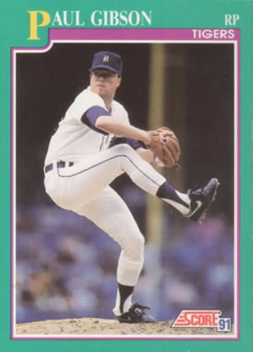 Baseball card of Paul Gibson in mid-delivery for Detroit Tigers showing dynamic action