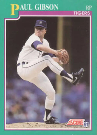 Baseball card of Paul Gibson in mid-delivery for Detroit Tigers showing dynamic action